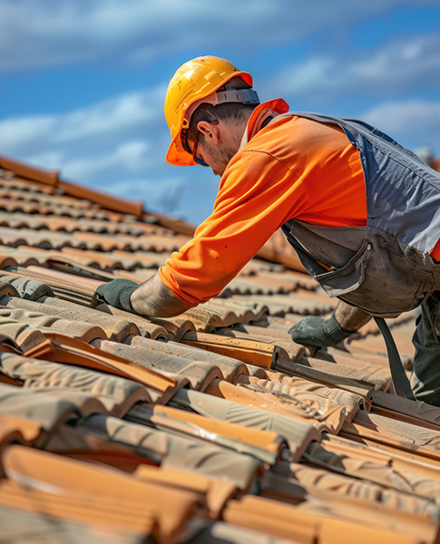 Roofer inspecting roof with clipboard